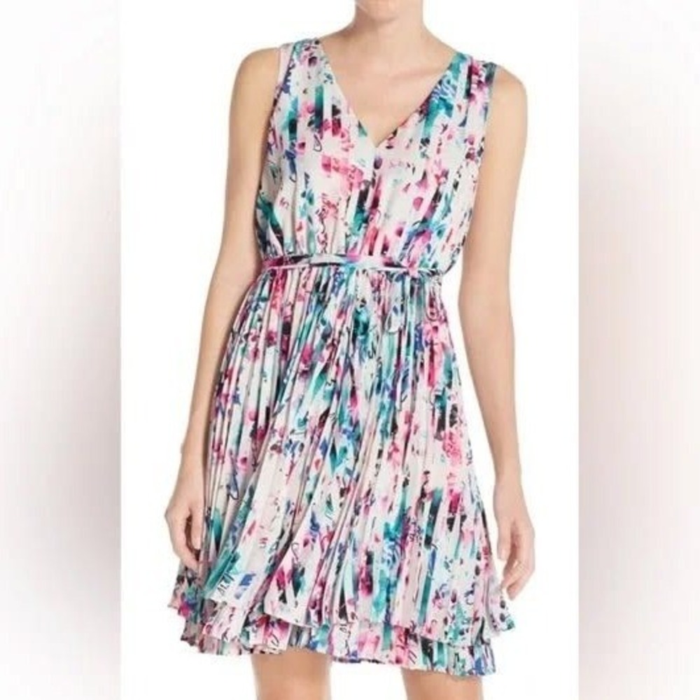 Chelsea28 Womens Abstract Floral Pleated V-Neck Sleeveless Dress Size 0